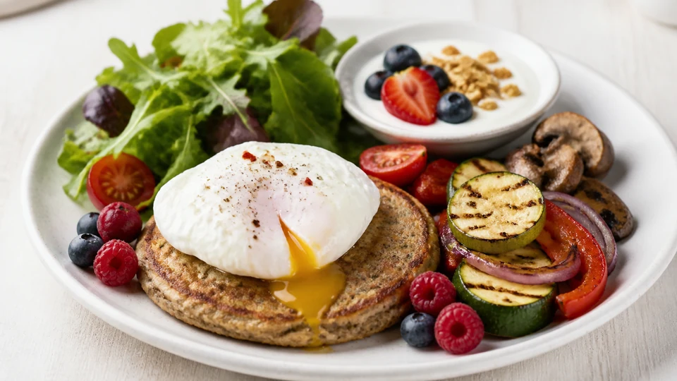 Light brunch plate with pancake, egg, yogurt, berries, vegetables, and salad.