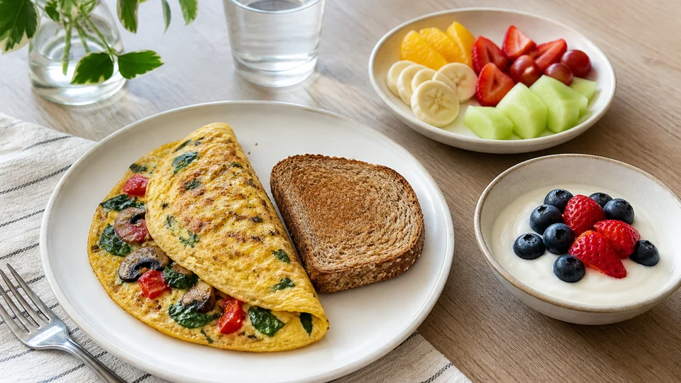 Light breakfast with yogurt, berries, oats, egg, greens, and a small pancake.