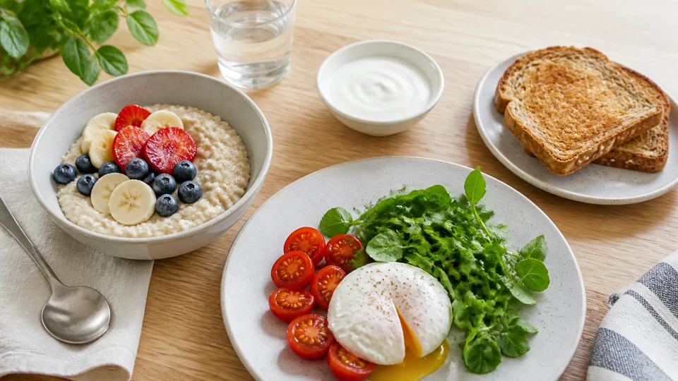 Low-fat breakfast with yogurt, oats, fruit, toast, egg whites, and a small pancake.