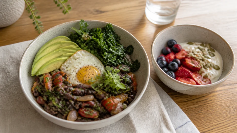 Low-glycemic breakfast with steel-cut oats, berries, yogurt, egg, nuts, and greens.