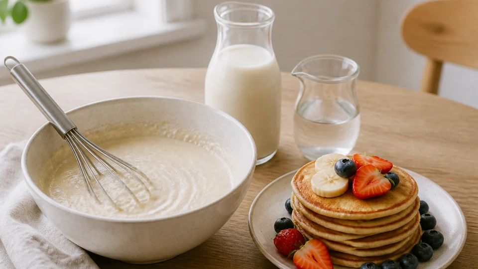 Milk-free pancake batter with plant drink beside fluffy pancakes and berries.