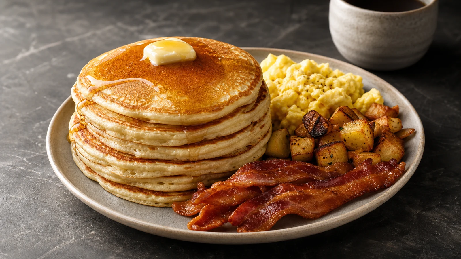 Golden pancake stack with scrambled eggs, breakfast potatoes, and bacon on a stoneware plate.