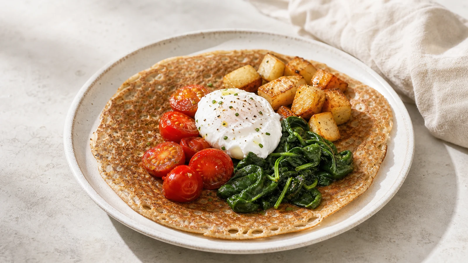 Savoury breakfast pancake with a poached egg, roasted tomatoes, spinach, and golden breakfast potatoes.