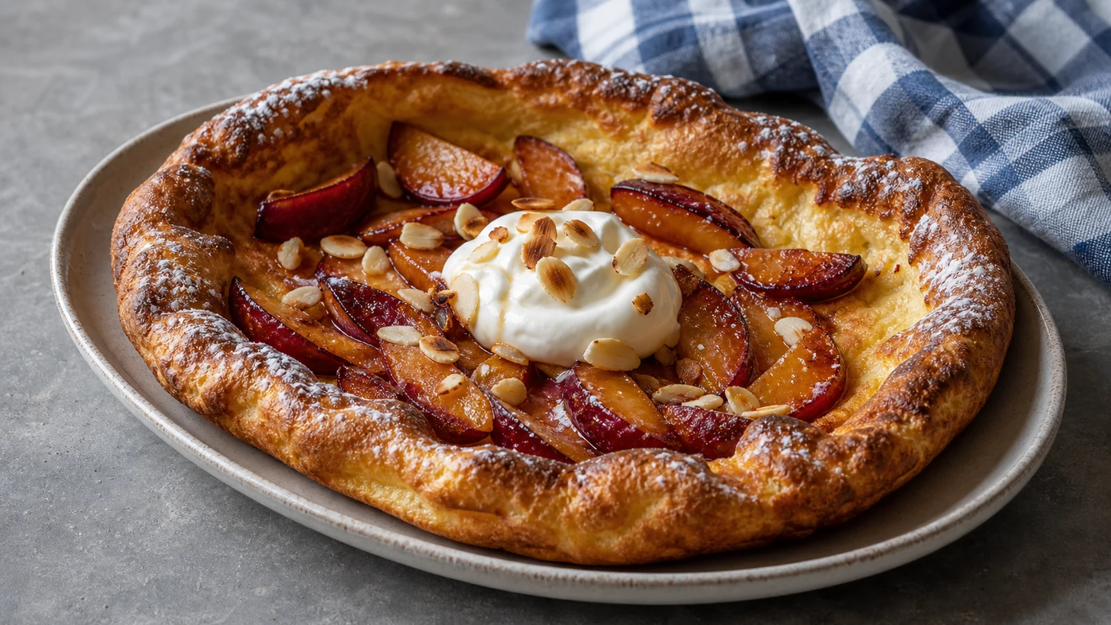 Puffed oven pancake with roasted plum wedges, cream, and toasted almonds beside blue-and-white checked linen.