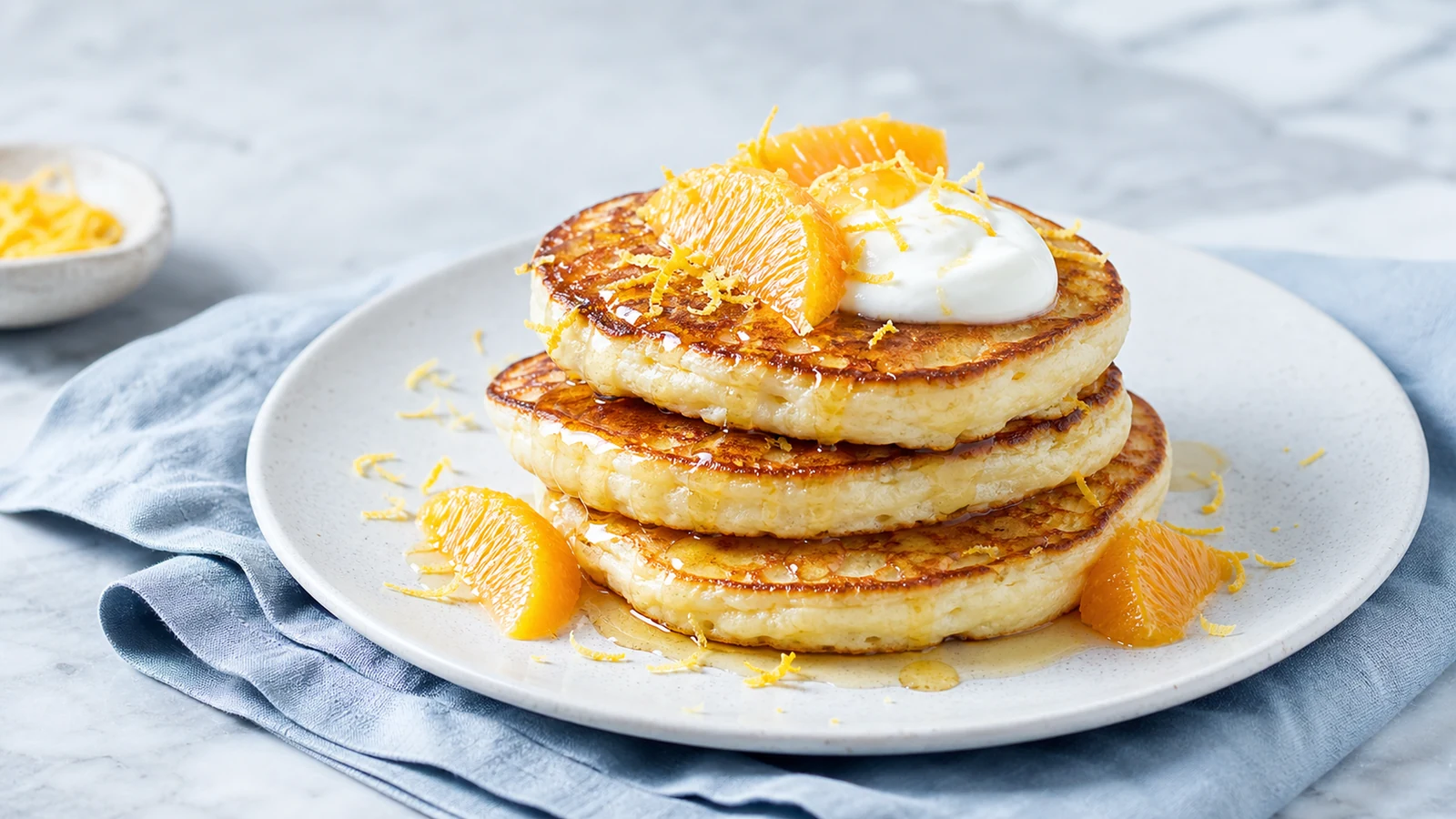 Golden breakfast pancakes with orange segments, citrus zest, thick yogurt, and a light honey drizzle.
