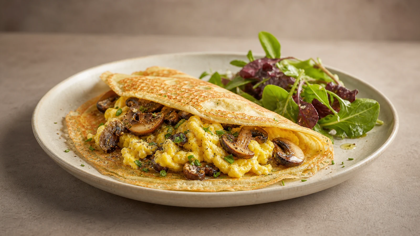 Thin savoury breakfast crepe filled with scrambled eggs and sauteed mushrooms, served with dressed leaves.