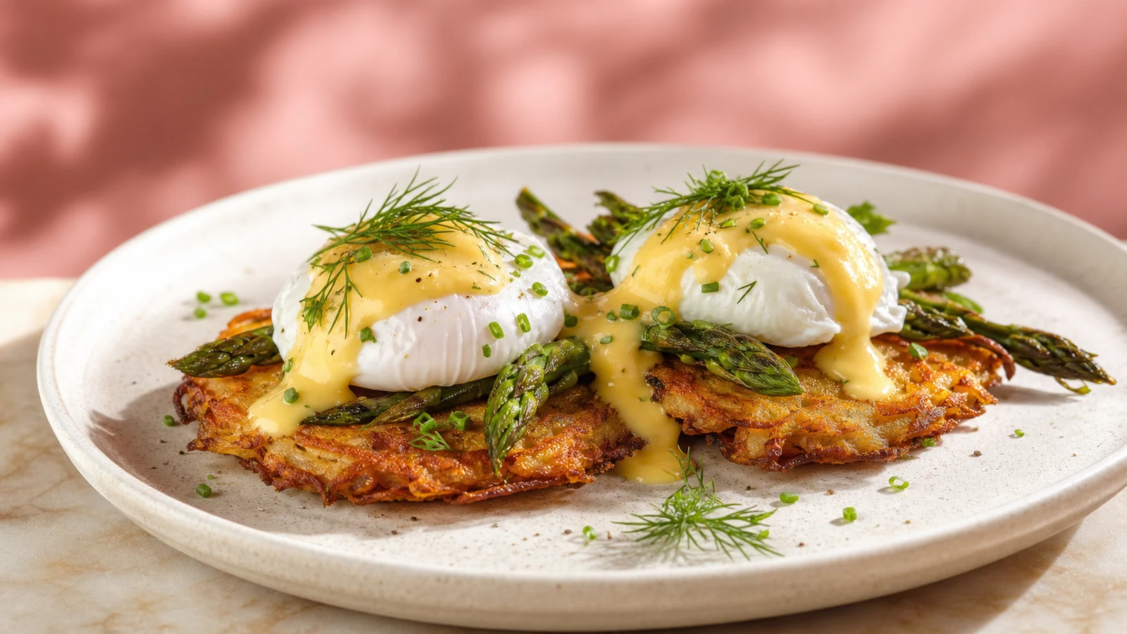 Crisp potato pancakes topped with poached eggs, hollandaise, asparagus, and fresh dill.