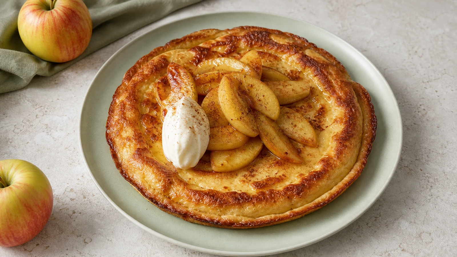 Broad golden apple pancake topped with sautéed apple wedges, cinnamon, and a spoonful of cream on a pale green plate.