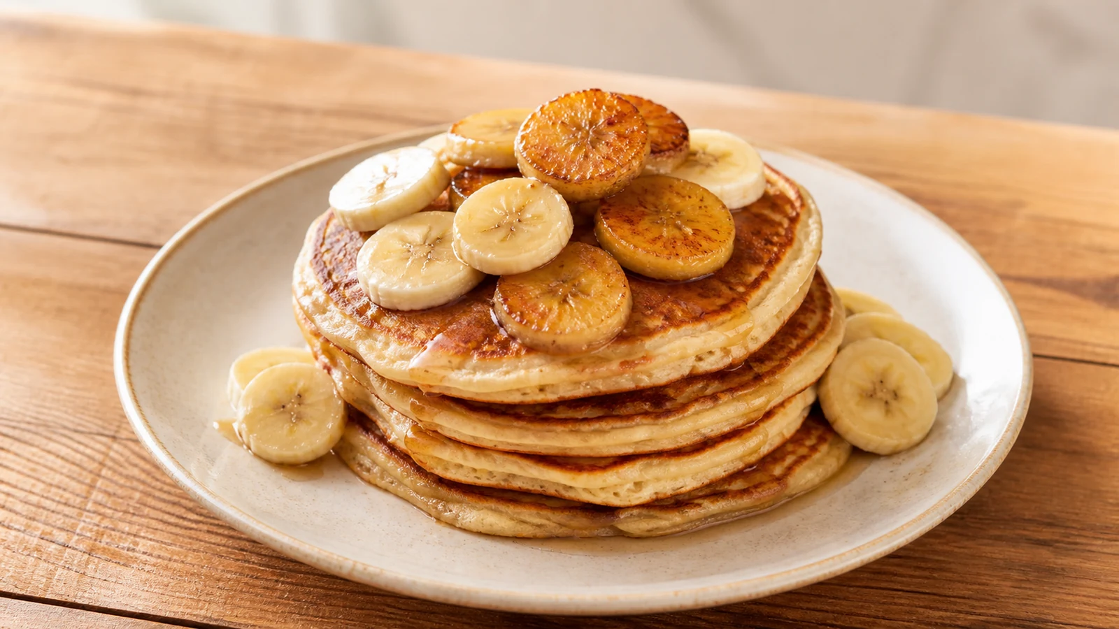 Golden pancakes topped with fresh and caramelized banana slices on a ceramic plate.