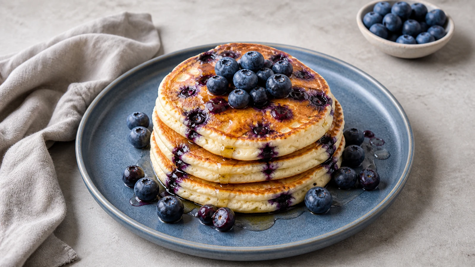 Stack of golden blueberry pancakes topped with fresh blueberries on a blue ceramic plate.