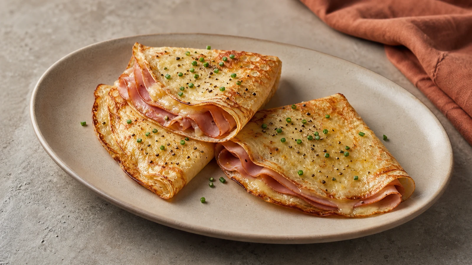 Folded golden savoury crepes filled with baked ham and melted cheese, finished with chives and black pepper.
