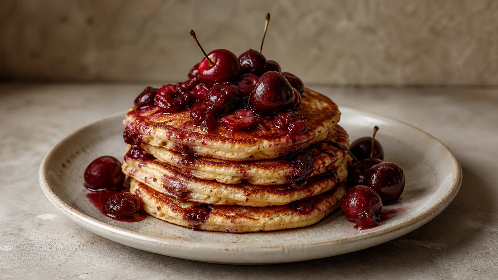 Golden pancakes topped with dark cherries and cherry compote on a pale ceramic plate.