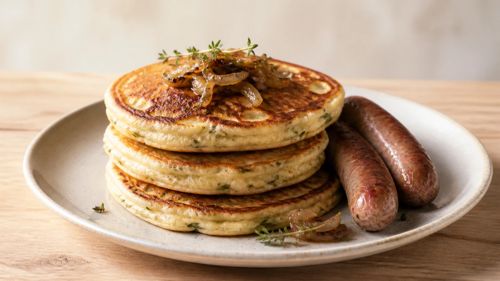 Three golden savoury pancakes with browned breakfast sausages, caramelized onions, and thyme on a pale plate.