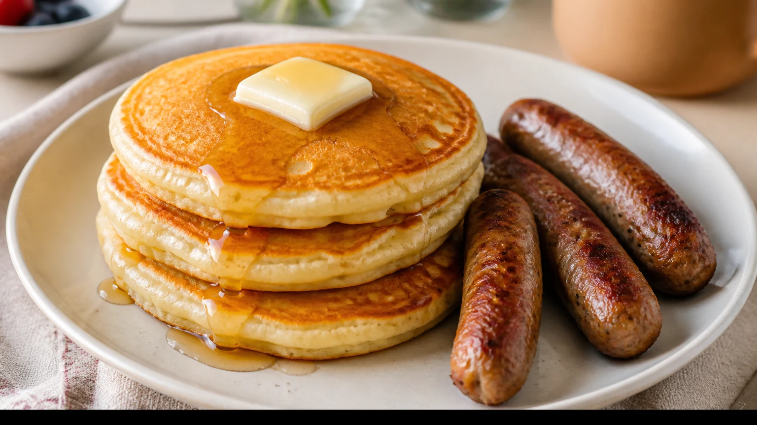 Fluffy golden American pancakes served with browned breakfast sausages on a cream plate.