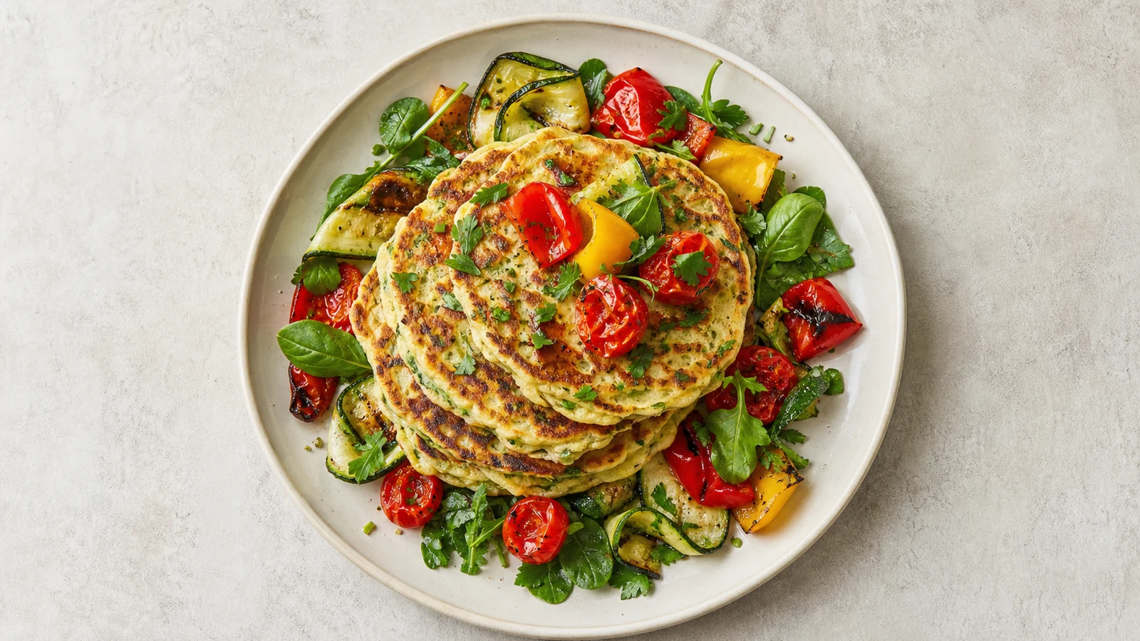Savory golden pancakes with roasted zucchini, peppers, tomatoes, leafy greens, and herbs on a pale plate.