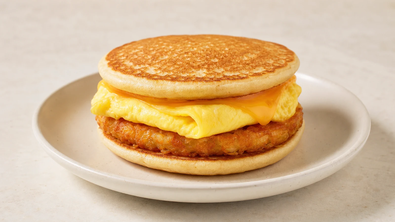 Compact pancake breakfast sandwich with folded egg, melted cheese, and a crisp hash-brown layer on a plain plate.