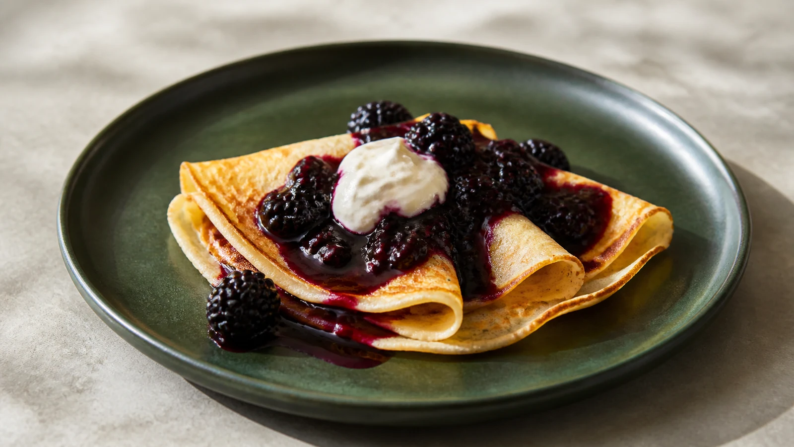 Folded golden pancakes with blackberry compote, fresh blackberries, and cream on a dark green plate.