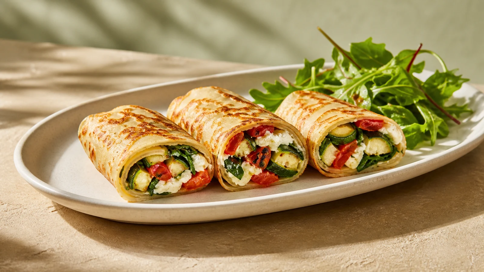 Savoury crepe rolls filled with roasted zucchini, red pepper, spinach, and creamy cheese, served with herb salad.