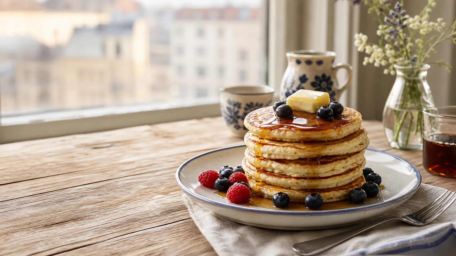 Pancake stack with berries on a warm breakfast table with blue-and-white ceramics.