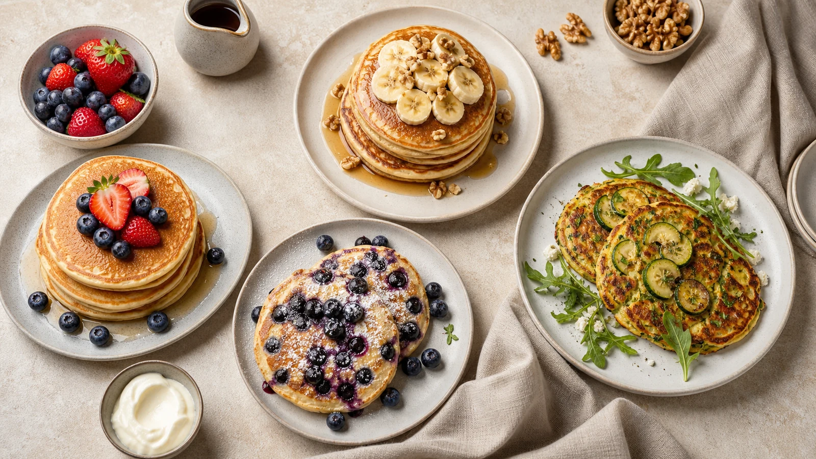 Overhead spread of finished pancake plates with berries, banana, blueberries, and a savory vegetable pancake.