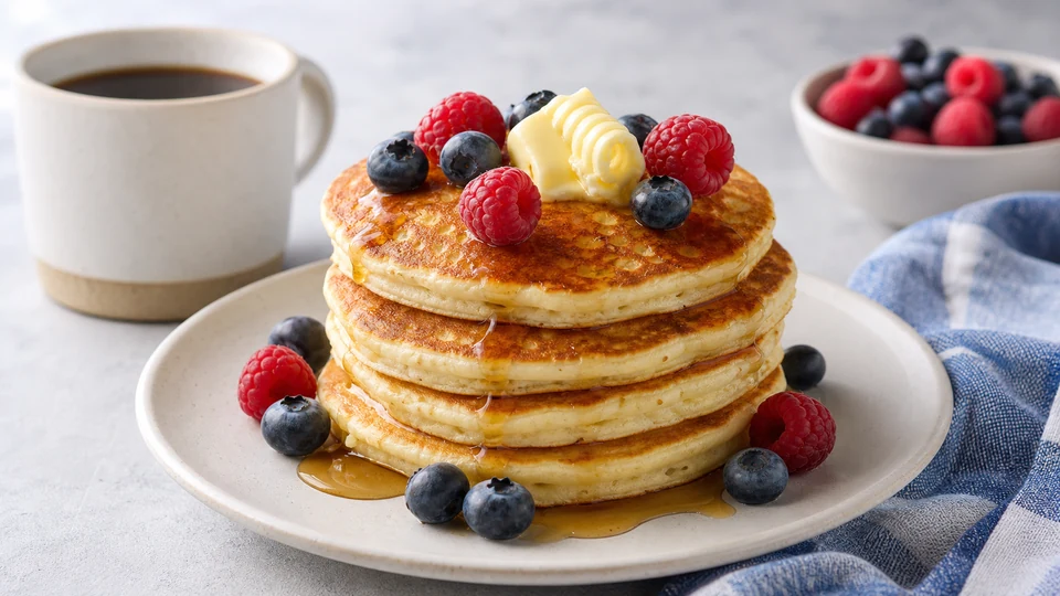 A pancake stack in a warm Munich breakfast setting.