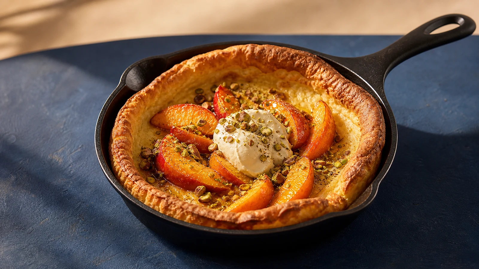 Puffed skillet pancake with roasted peach slices, cream, and toasted pistachios on a deep blue tabletop.