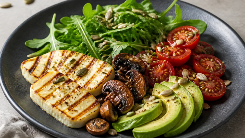 Egg-free breakfast plate with cheese, avocado, mushrooms, tomatoes, greens, and seeds.