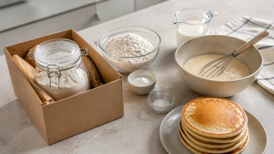 Homemade pancake dry mix in a plain box beside fresh pancake ingredients.