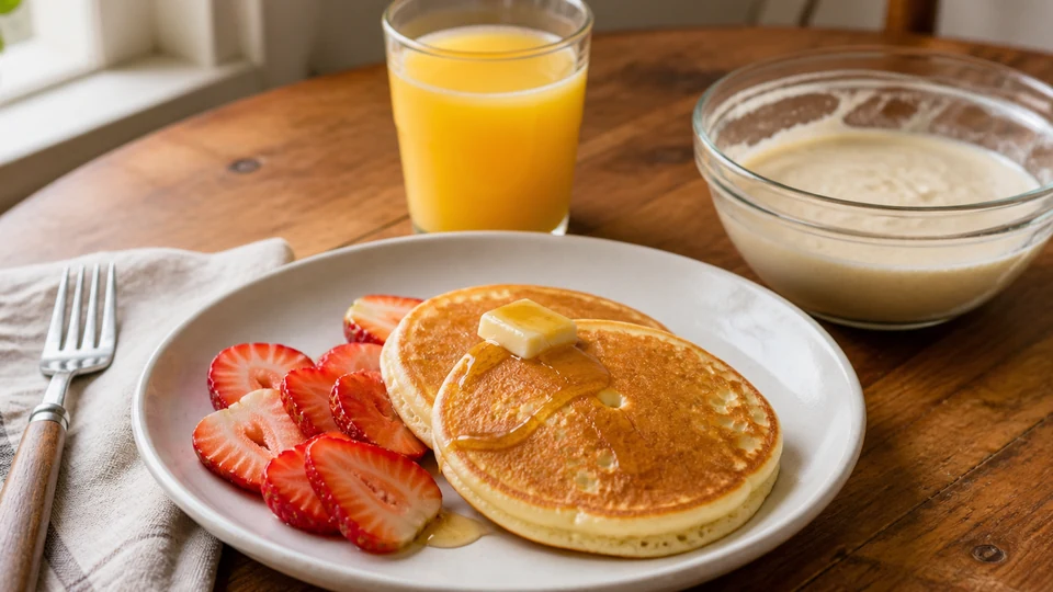 Two finished pancakes with strawberries and a single-serving batter bowl.