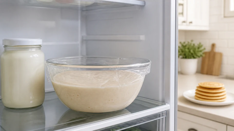 Covered bowl of pancake batter stored safely on a refrigerator shelf.