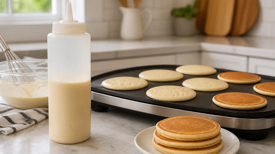 Pancake batter dispensed from a clear squeeze bottle onto a griddle.