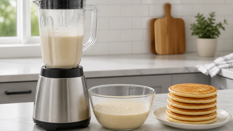 Pancake batter being mixed in a glass blender beside measured ingredients.