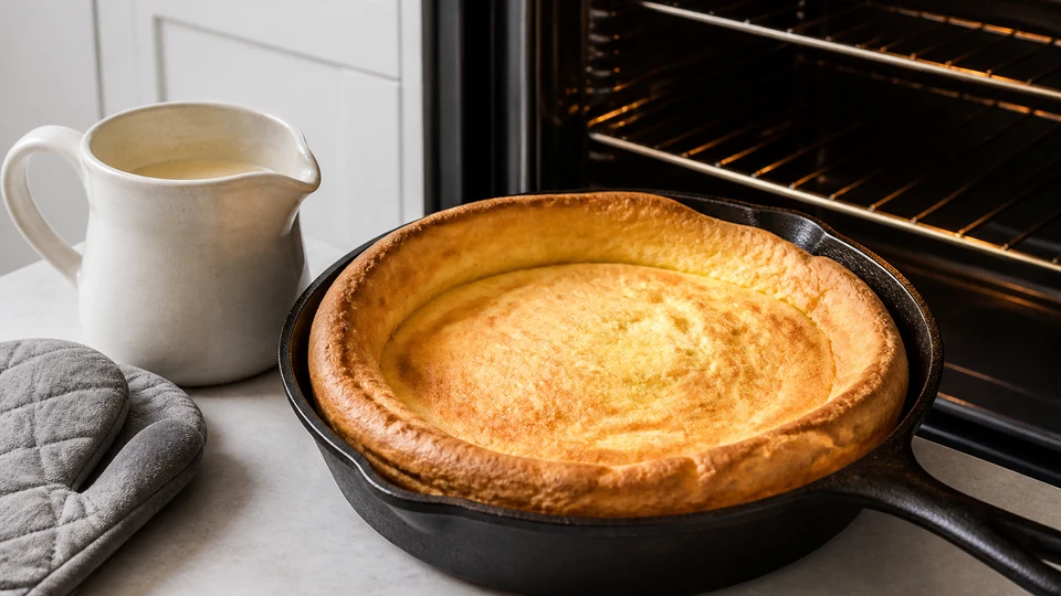 Pancake batter baking in a skillet inside an oven with protective mitts nearby.
