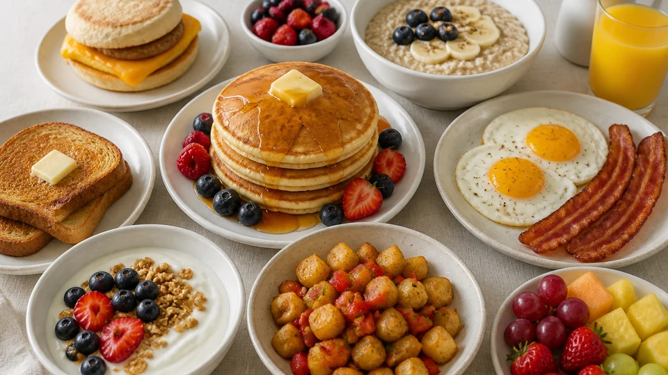 Popular breakfast foods including pancakes, eggs, cereal, yogurt, fruit, and toast.