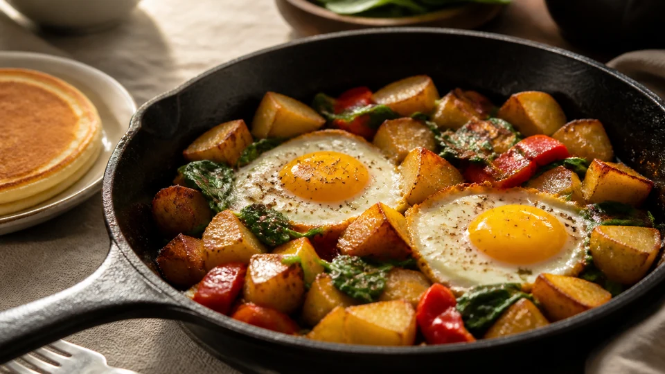 Crisp potato breakfast skillet with eggs, spinach, peppers, and a pancake.