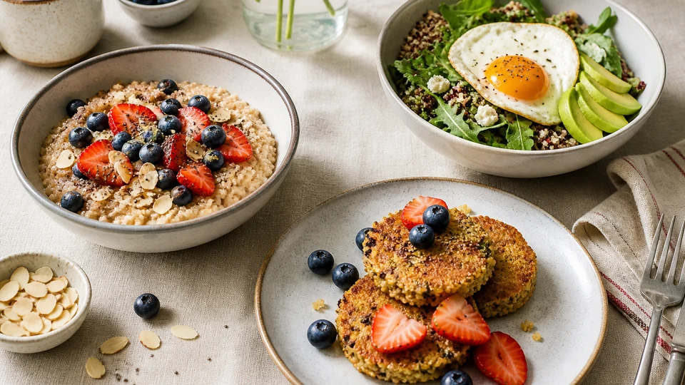 Quinoa breakfast bowl with berries, banana, nuts, and yogurt.