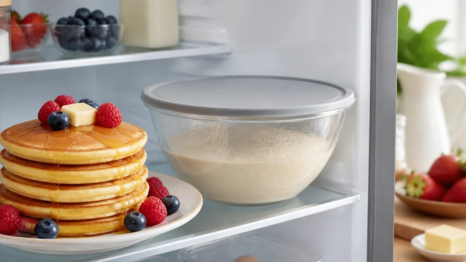 Finished pancakes beside a covered bowl of chilled batter.