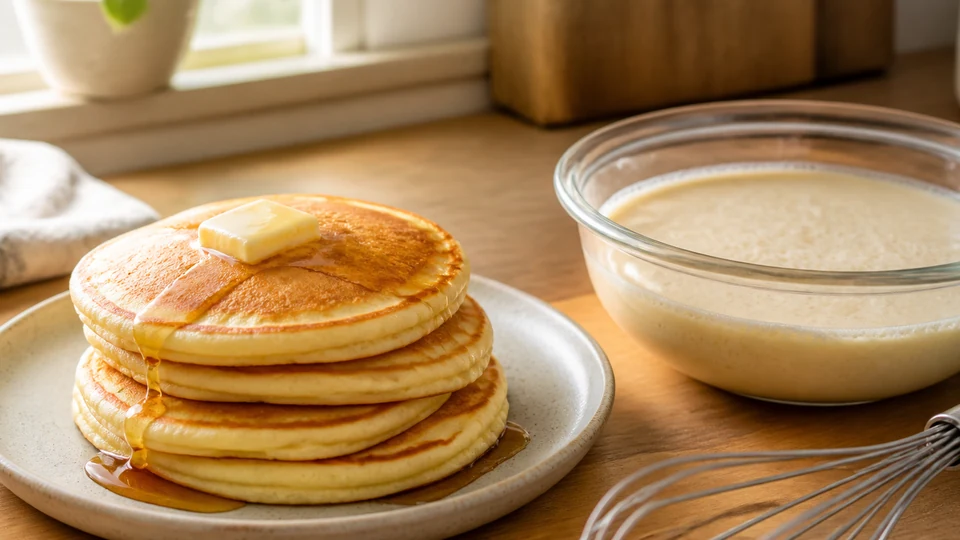 Fluffy pancakes beside rested batter with small bubbles.