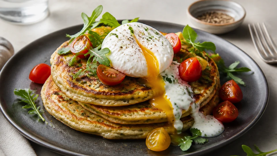 Herb-flecked savory pancakes with egg, greens, tomatoes, and yogurt sauce.