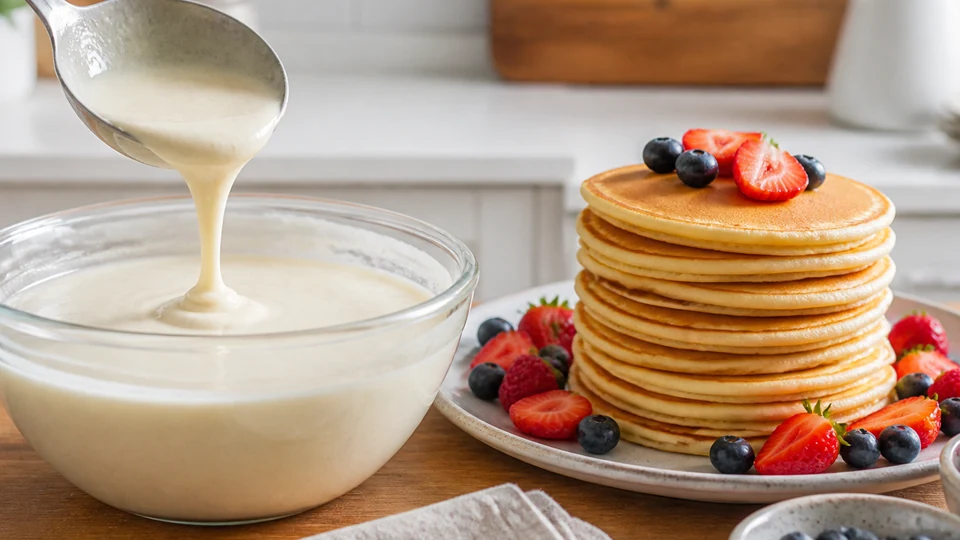 Smooth golden pancakes beside silky batter flowing from a ladle.