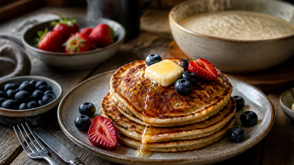 Rustic sourdough pancakes with butter, berries, and bubbly batter.