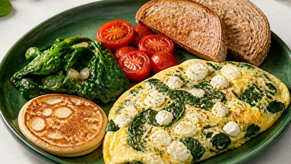 Spinach breakfast plate with omelet, greens, tomatoes, toast, and a pancake.