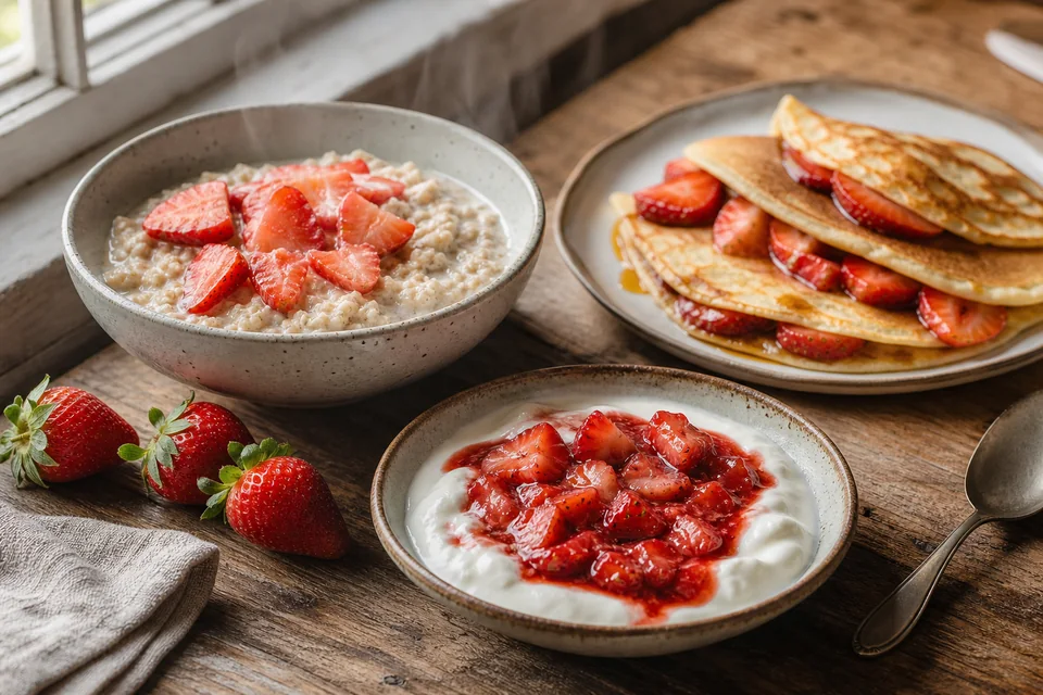 Route-specific breakfast or brunch setting illustrating strawberry breakfast recipes