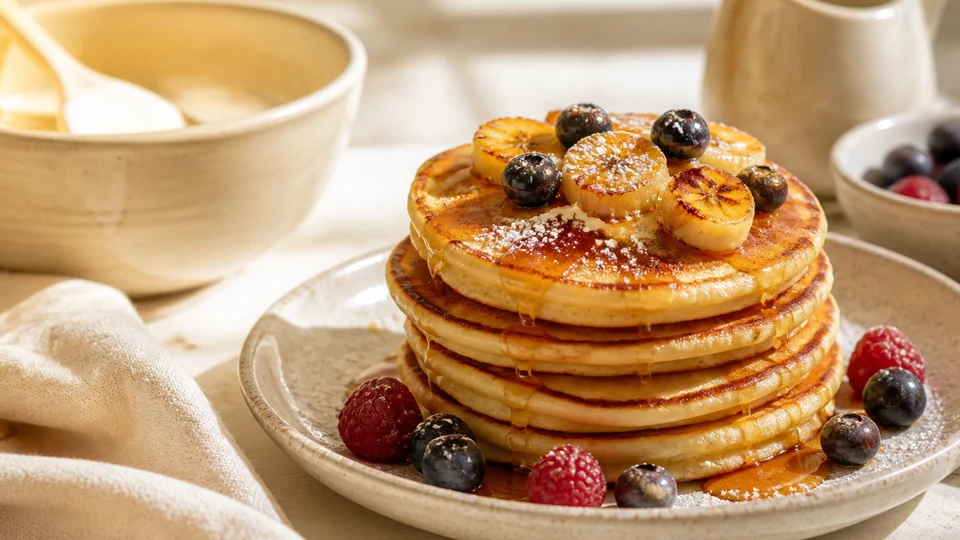 Sweet pancakes with caramelized banana, berries, sugar, and syrup.