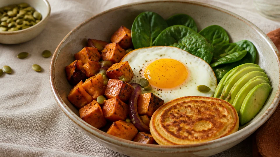 Sweet potato breakfast bowl with egg, avocado, spinach, and seeds.