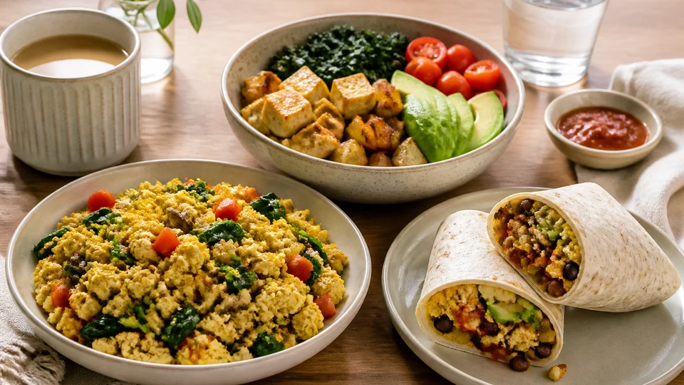 Tofu breakfast scramble with pancakes, avocado, tomatoes, and greens.