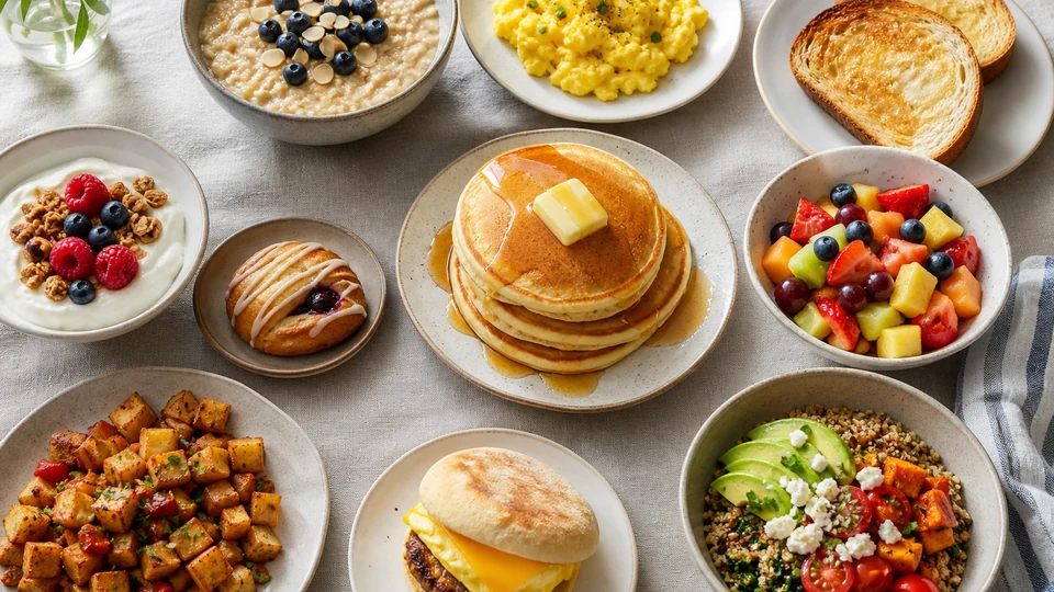 Varied breakfast spread with pancakes, eggs, oatmeal, yogurt, fruit, and toast.