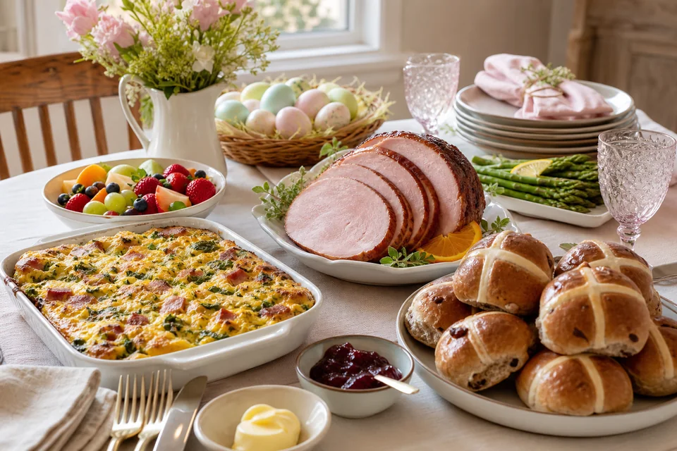 Route-specific breakfast or brunch setting illustrating traditional Easter brunch menu