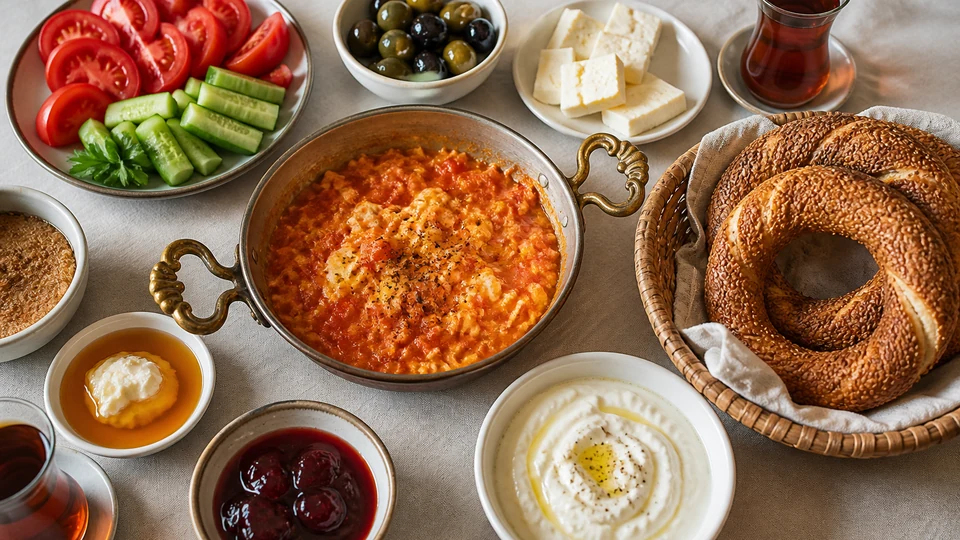 Turkish breakfast spread with cheese, olives, eggs, bread, and tea.