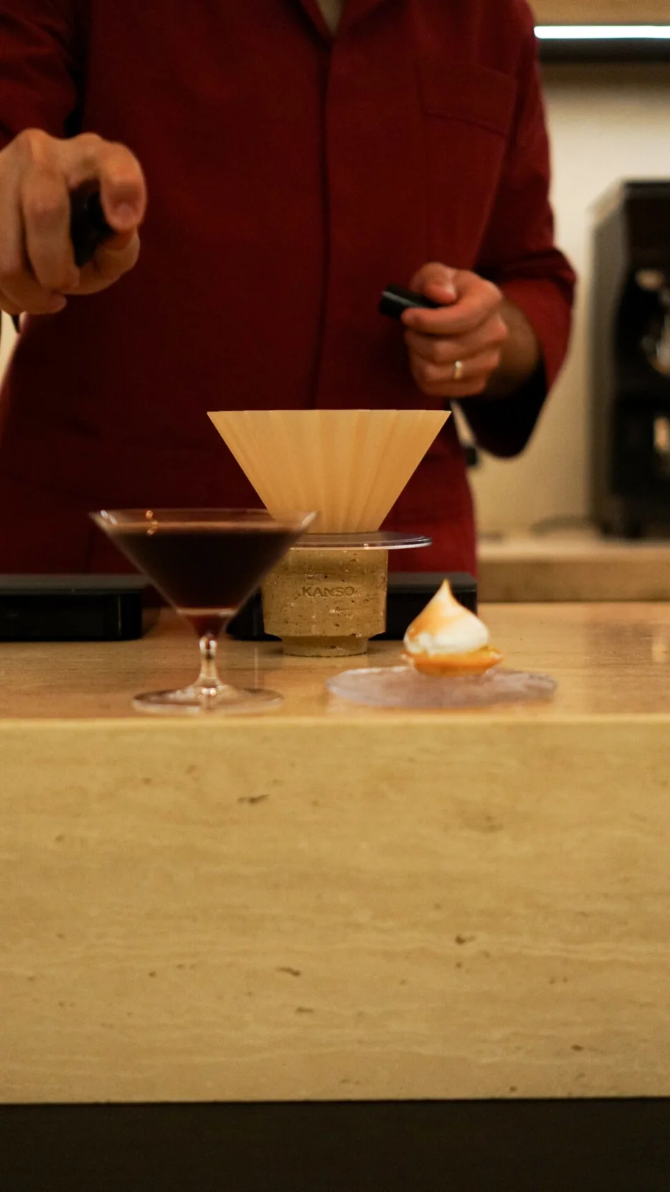 A coffee and dessert course prepared for Kanso's Omakase tasting experience